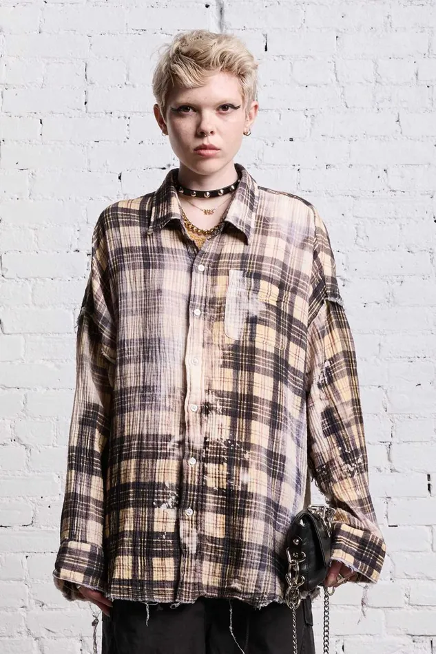 R13 Sale Women SHREDDED SEAM DROP NECK 8211 BLEACH PRINTED PLAID