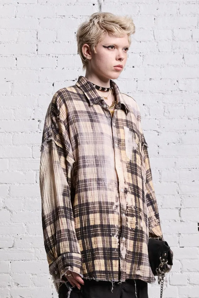 R13 Sale Women SHREDDED SEAM DROP NECK 8211 BLEACH PRINTED PLAID