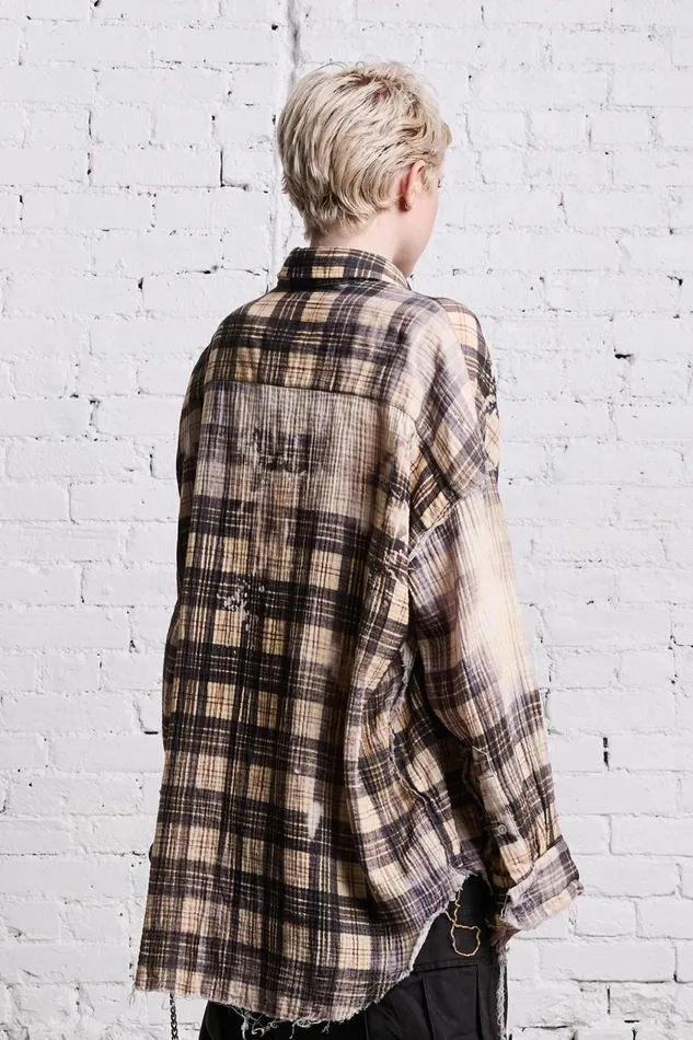 R13 Sale Women SHREDDED SEAM DROP NECK 8211 BLEACH PRINTED PLAID