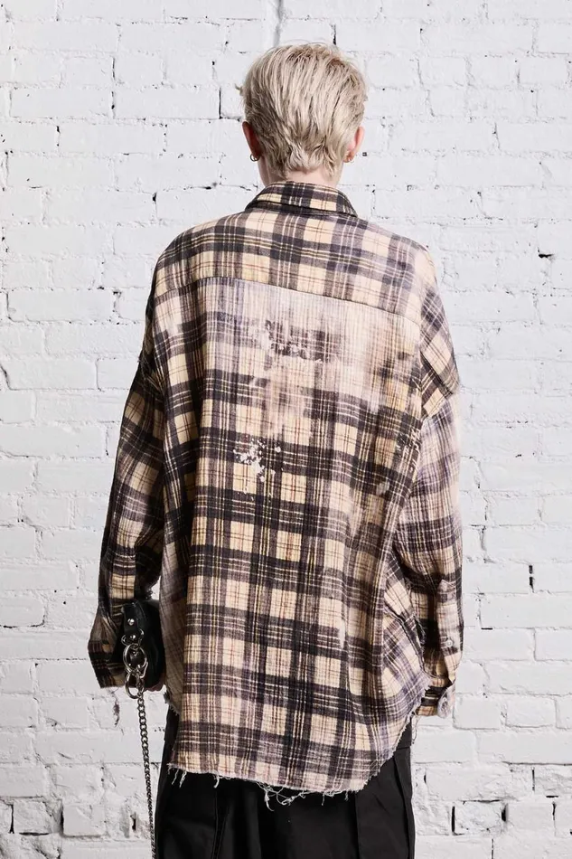 R13 Sale Women SHREDDED SEAM DROP NECK 8211 BLEACH PRINTED PLAID