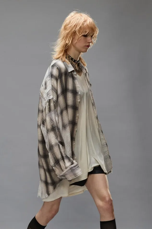 R13 Sale Women SHREDDED SEAM DROP NECK SHIRT 8211 PRINTED GREY PLAID