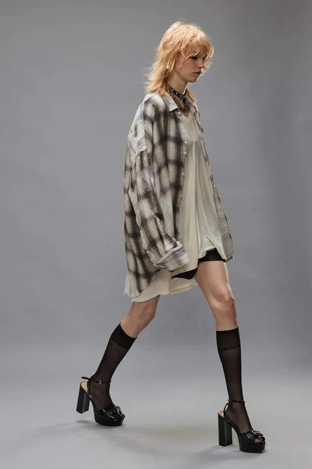 R13 Sale Women SHREDDED SEAM DROP NECK SHIRT 8211 PRINTED GREY PLAID