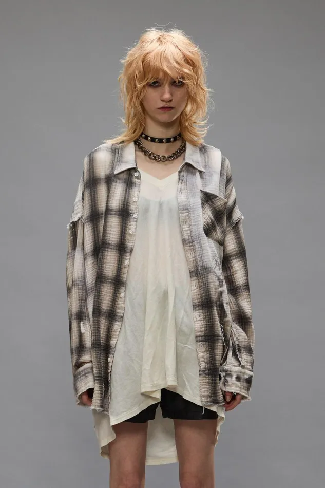 R13 Sale Women SHREDDED SEAM DROP NECK SHIRT 8211 PRINTED GREY PLAID