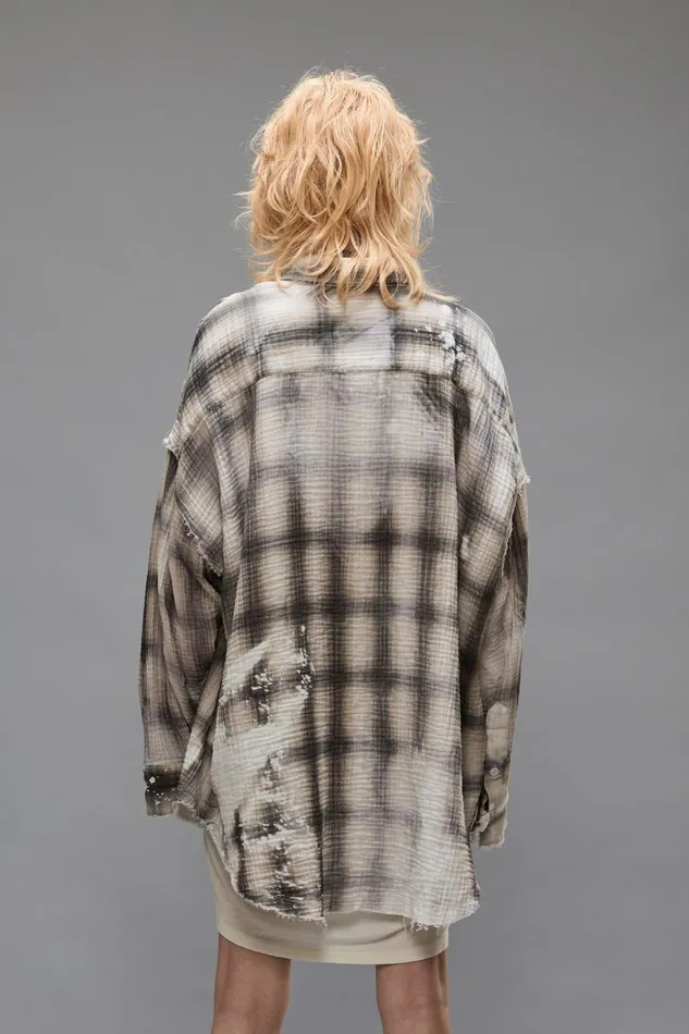 R13 Sale Women SHREDDED SEAM DROP NECK SHIRT 8211 PRINTED GREY PLAID