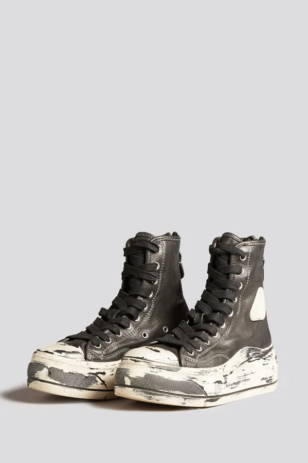 R13 Sale Women TALL LEATHER KURT SNEAKERS 8211 SCRATCH PAINT BLACK