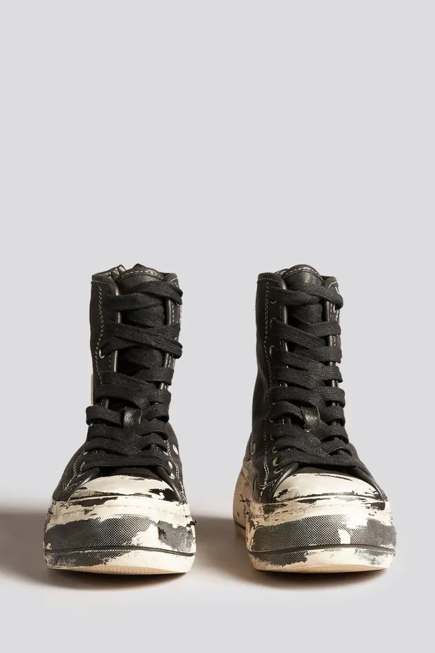 R13 Sale Women TALL LEATHER KURT SNEAKERS 8211 SCRATCH PAINT BLACK