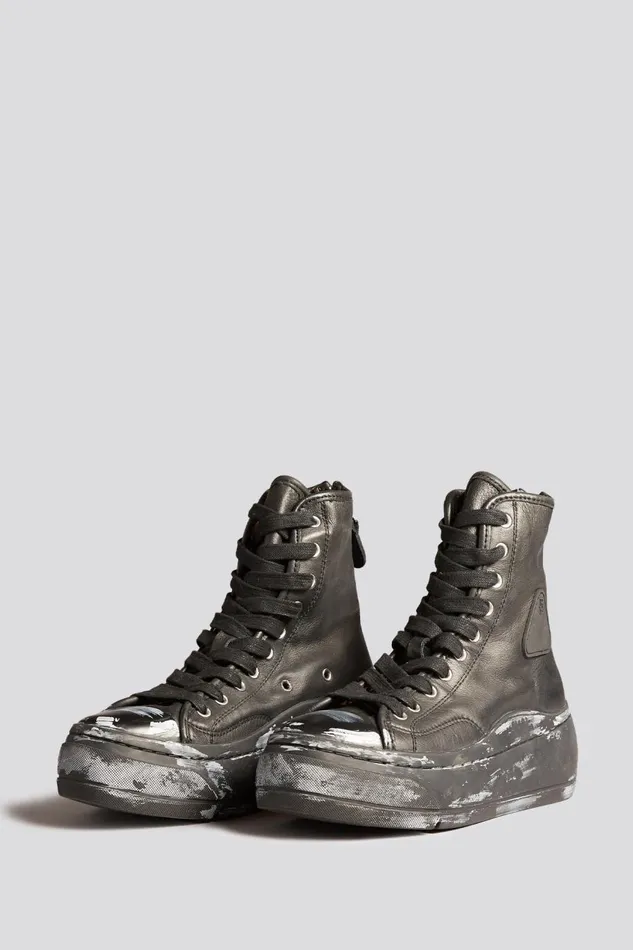 R13 Sale Women TALL LEATHER KURT SNEAKERS 8211 SCRATCH PAINT BLACKOUT
