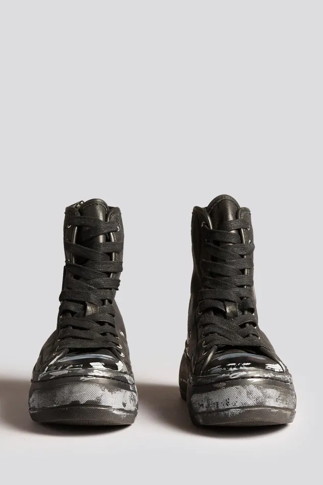 R13 Sale Women TALL LEATHER KURT SNEAKERS 8211 SCRATCH PAINT BLACKOUT