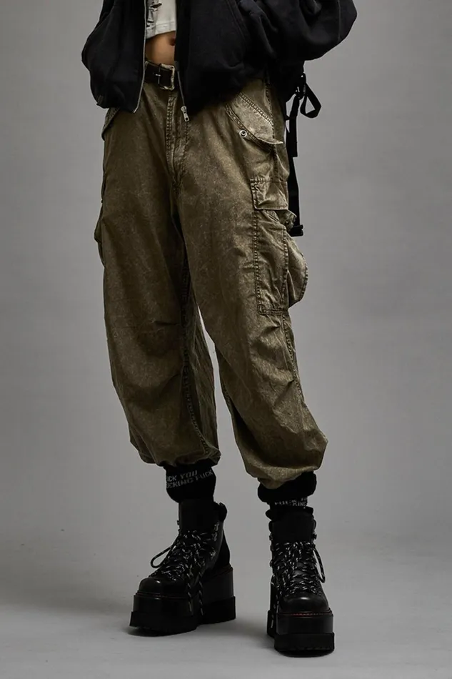 R13 Sale Women WIDE LEG CARGO 8211 OLIVE GARMENT DYE
