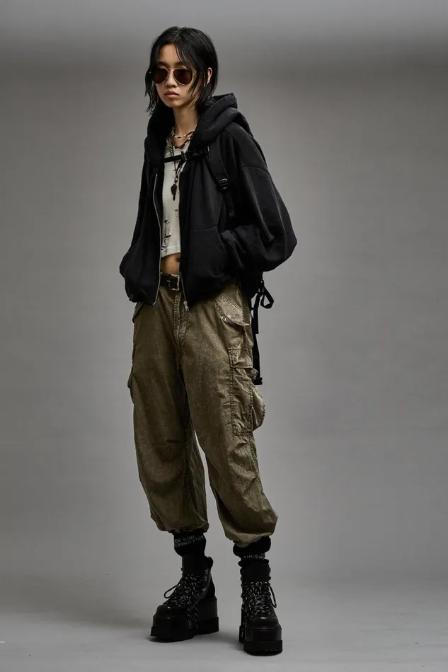 R13 Sale Women WIDE LEG CARGO 8211 OLIVE GARMENT DYE