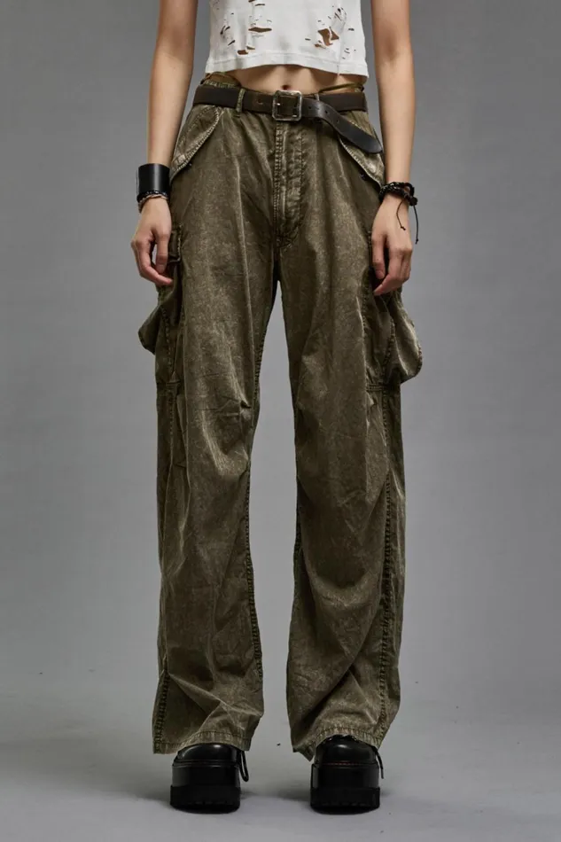 R13 Sale Women WIDE LEG CARGO 8211 OLIVE GARMENT DYE