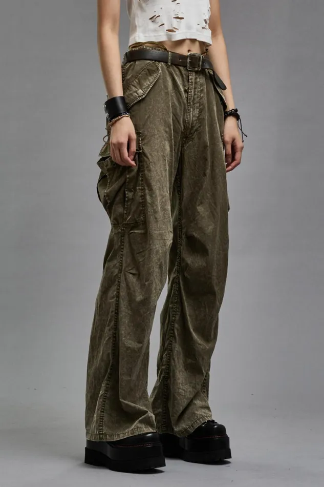 R13 Sale Women WIDE LEG CARGO 8211 OLIVE GARMENT DYE