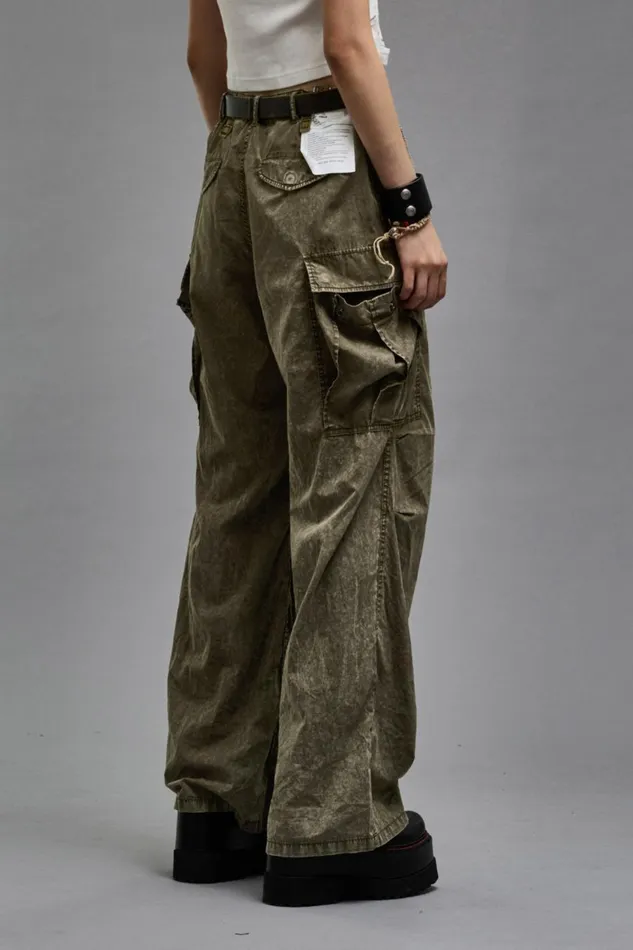 R13 Sale Women WIDE LEG CARGO 8211 OLIVE GARMENT DYE