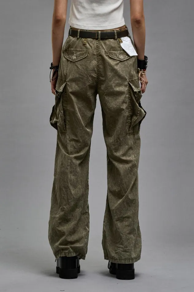 R13 Sale Women WIDE LEG CARGO 8211 OLIVE GARMENT DYE