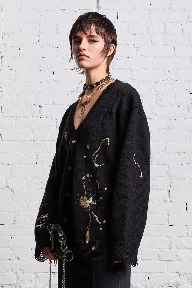 R13 Sweaters Women BOYFRIEND CARDIGAN 8211 GOLD SPLATTERED BLACK
