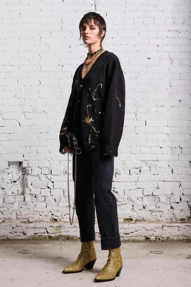 R13 Sweaters Women BOYFRIEND CARDIGAN 8211 GOLD SPLATTERED BLACK