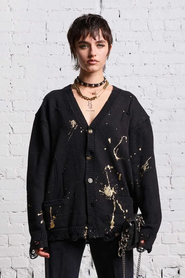 R13 Sweaters Women BOYFRIEND CARDIGAN 8211 GOLD SPLATTERED BLACK