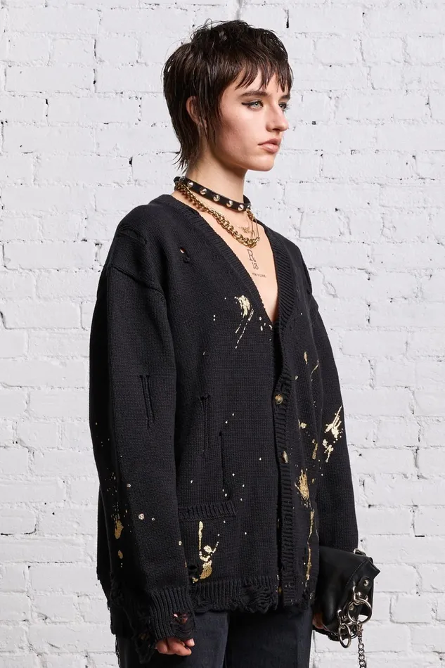 R13 Sweaters Women BOYFRIEND CARDIGAN 8211 GOLD SPLATTERED BLACK