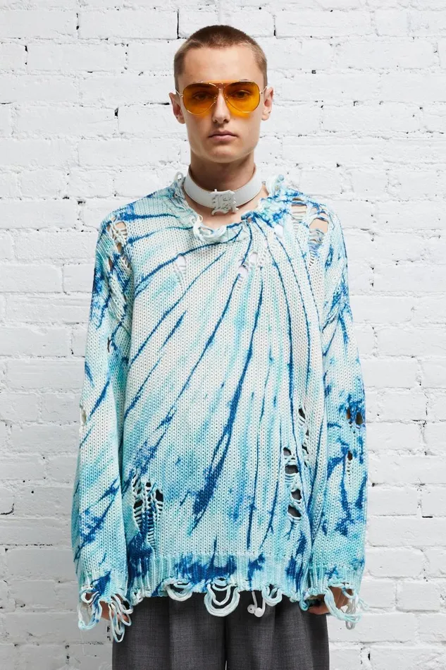R13 Sweaters Women DISTRESSED OVERSIZED PULLOVER 8211 BLUE TIEDYE