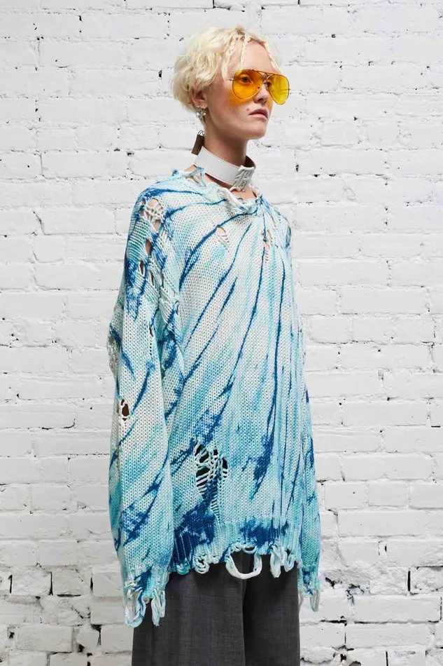 R13 Sweaters Women DISTRESSED OVERSIZED PULLOVER 8211 BLUE TIEDYE