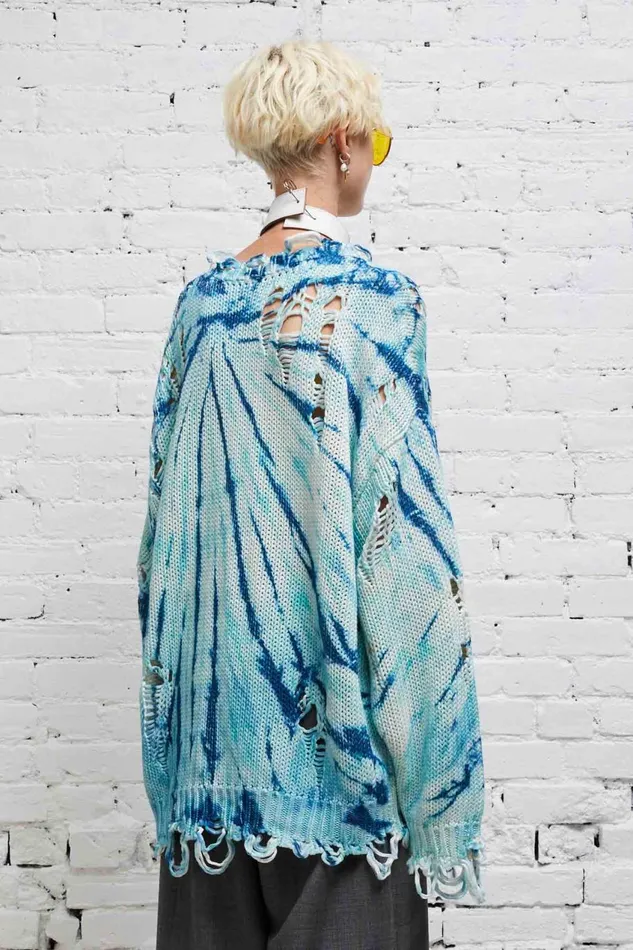 R13 Sweaters Women DISTRESSED OVERSIZED PULLOVER 8211 BLUE TIEDYE