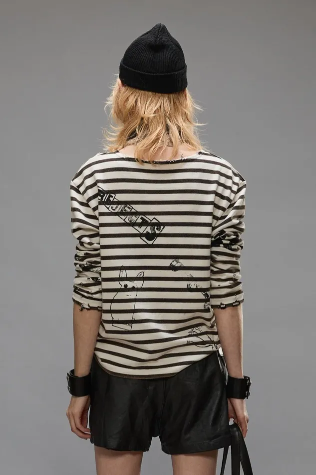 R13 TShirts Women LONG SLEEVE BRETON TEE 8211 BLACK AND WHITE STRIPE