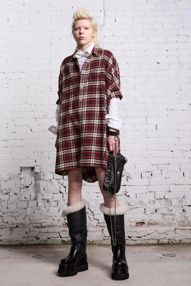 R13 Tops Women OVERSIZED RELAXED SHIRTDRESS 8211 RED AND ECRU