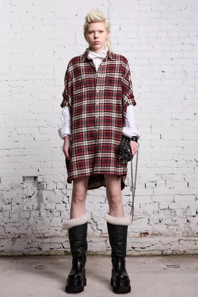 R13 Tops Women OVERSIZED RELAXED SHIRTDRESS 8211 RED AND ECRU