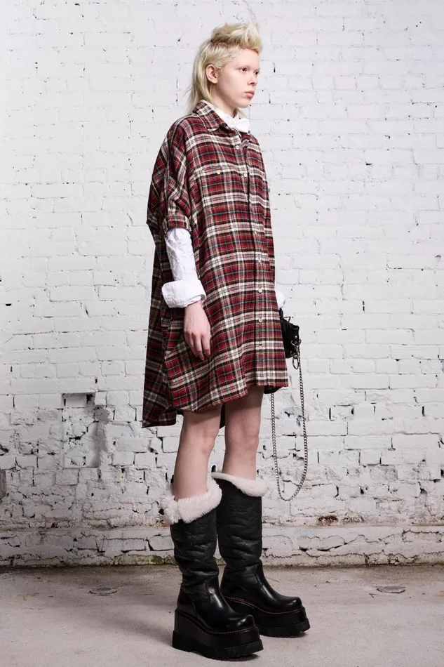 R13 Tops Women OVERSIZED RELAXED SHIRTDRESS 8211 RED AND ECRU