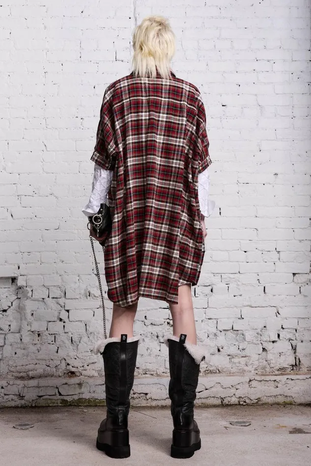 R13 Tops Women OVERSIZED RELAXED SHIRTDRESS 8211 RED AND ECRU