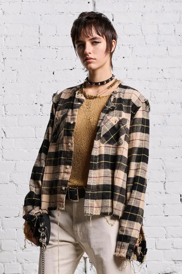 R13 Tops Women SHREDDED CREWNECK SHIRT 8211 BLEACHED BEIGE PLAID