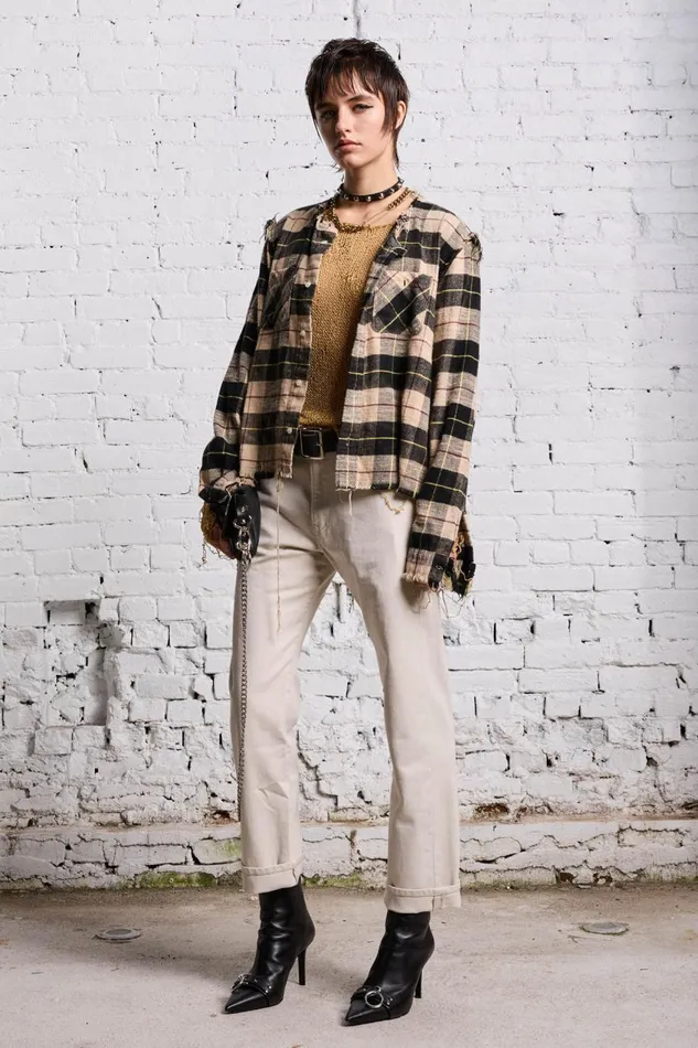 R13 Tops Women SHREDDED CREWNECK SHIRT 8211 BLEACHED BEIGE PLAID