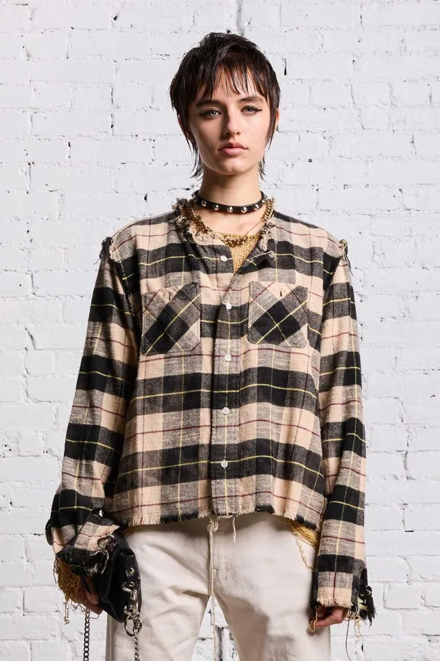 R13 Tops Women SHREDDED CREWNECK SHIRT 8211 BLEACHED BEIGE PLAID