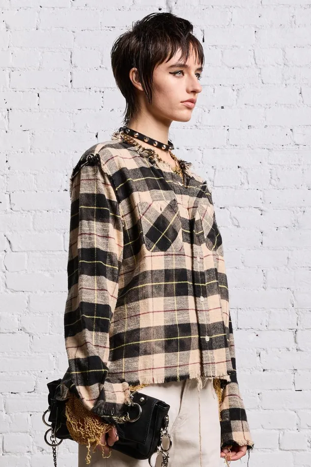 R13 Tops Women SHREDDED CREWNECK SHIRT 8211 BLEACHED BEIGE PLAID
