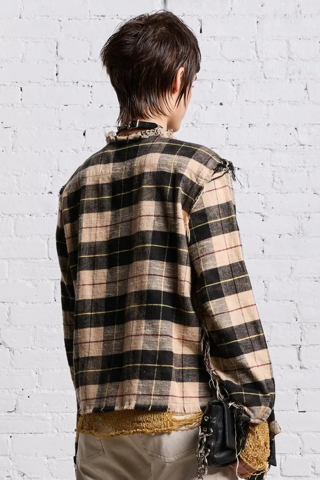 R13 Tops Women SHREDDED CREWNECK SHIRT 8211 BLEACHED BEIGE PLAID