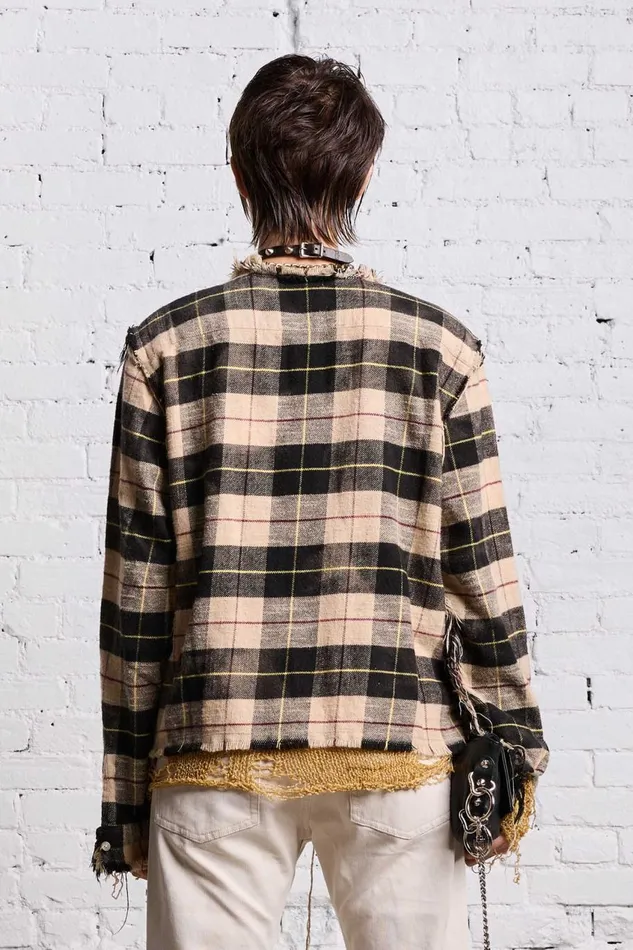 R13 Tops Women SHREDDED CREWNECK SHIRT 8211 BLEACHED BEIGE PLAID