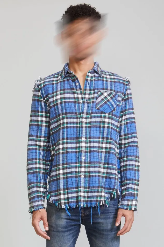 R13 Tops Women SHREDDED SEAM SHIRT 8211 BLUEGREEN PLAID