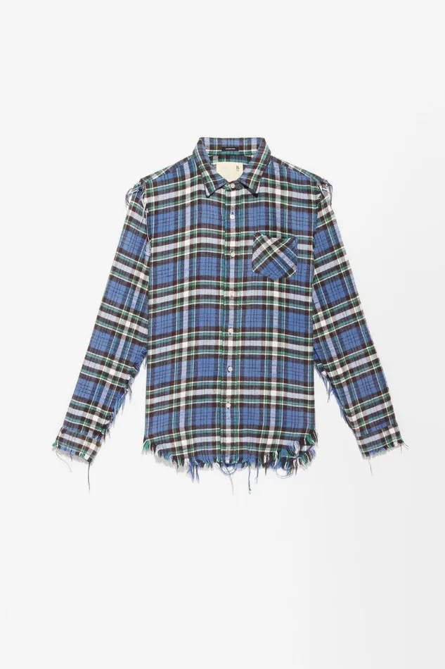 R13 Tops Women SHREDDED SEAM SHIRT 8211 BLUEGREEN PLAID