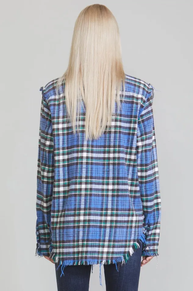 R13 Tops Women SHREDDED SEAM SHIRT 8211 BLUEGREEN PLAID