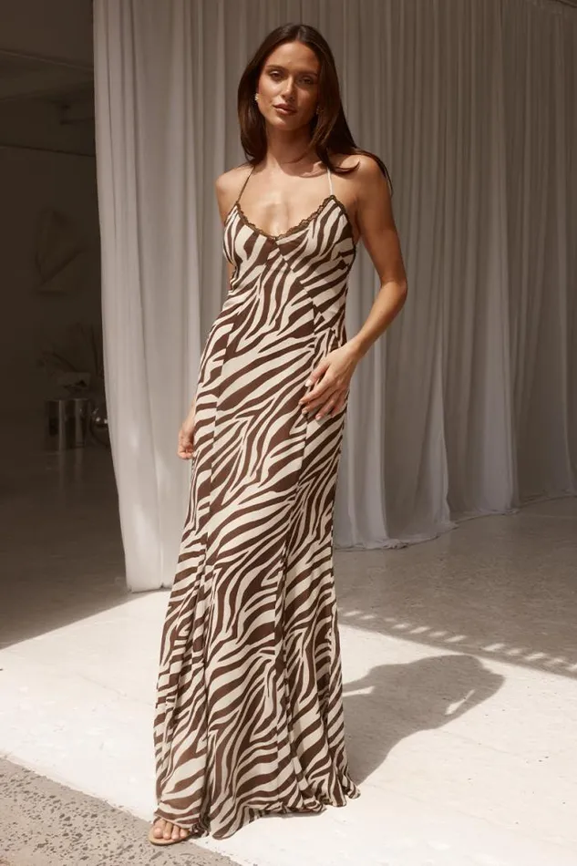 Runaway The Label Maxi Shop AMINAH MAXI DRESS 8211 ZEBRA CHOCOLATE