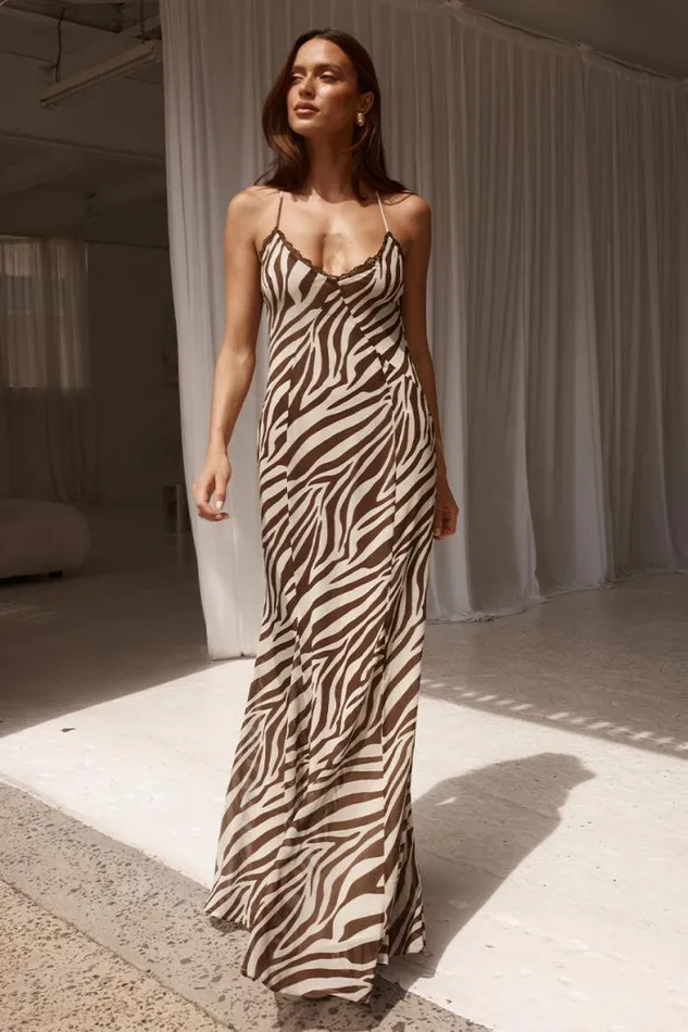 Runaway The Label Maxi Shop AMINAH MAXI DRESS 8211 ZEBRA CHOCOLATE