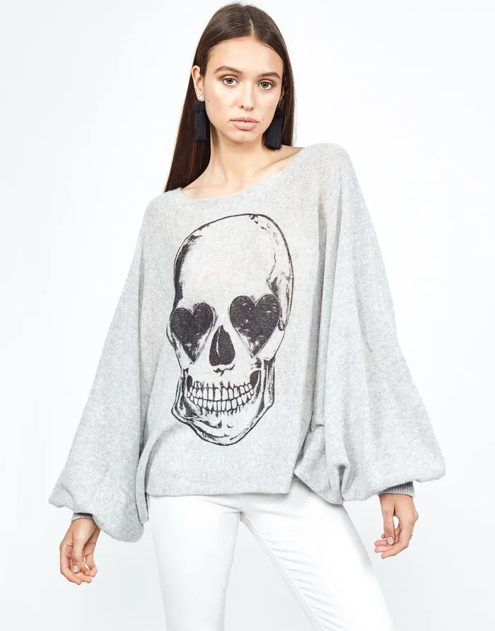 Sash Heart Eye Skull Heather Grey Women039s Lauren Moshi Sweaters and Knits