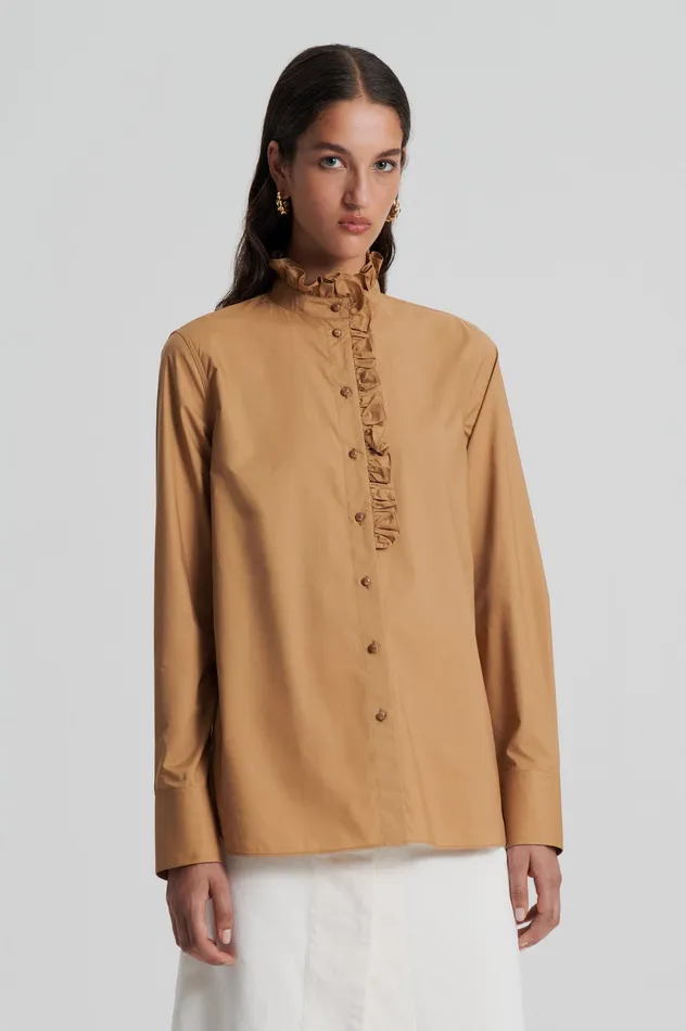 Scanlan Theodore Shirts Women PARACHUTE RUFFLE TRIM SHIRT CAMEL Scanlan Theodore Shirts Women PARACHUTE RUFFLE TRIM SHIRT CAMEL