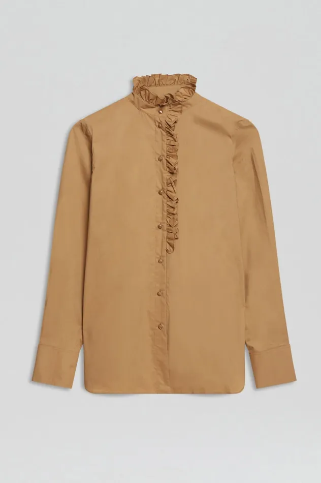 Scanlan Theodore Shirts Women PARACHUTE RUFFLE TRIM SHIRT CAMEL Scanlan Theodore Shirts Women PARACHUTE RUFFLE TRIM SHIRT CAMEL