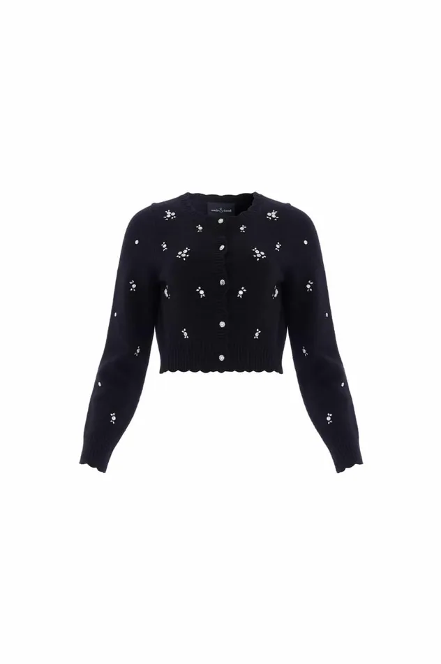 Scattered Floral Embellished Short Cardigan Black Women Needle and Thread Knitwear