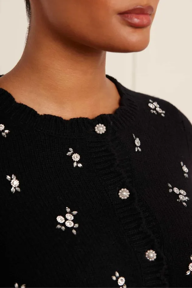 Scattered Floral Embellished Short Cardigan Black Women Needle and Thread Knitwear