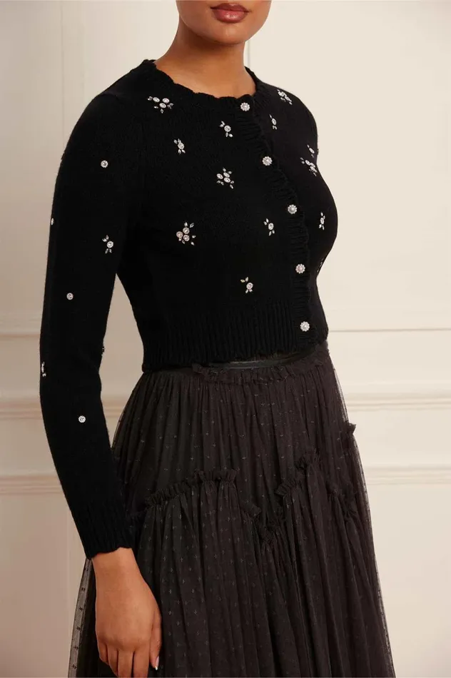 Scattered Floral Embellished Short Cardigan Black Women Needle and Thread Knitwear