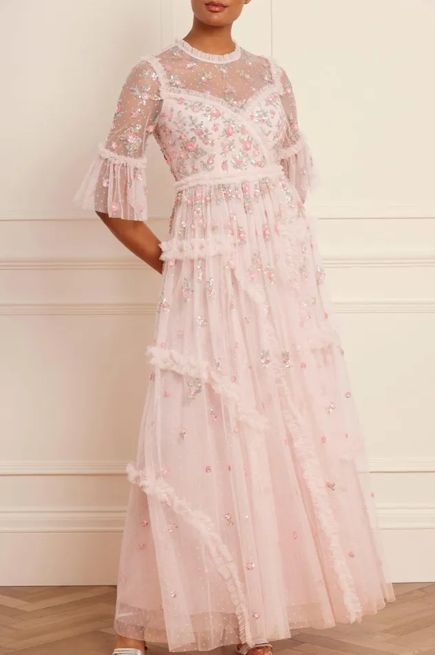 Shimmer Ditsy Long Sleeve Gown Pink Women Needle and Thread Dresses