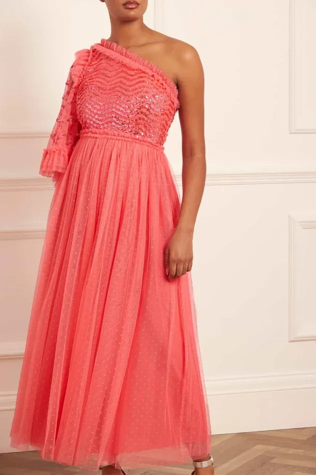 Shimmer Wave Bodice OneShoulder Ankle Gown Pink Women Needle and Thread Dresses
