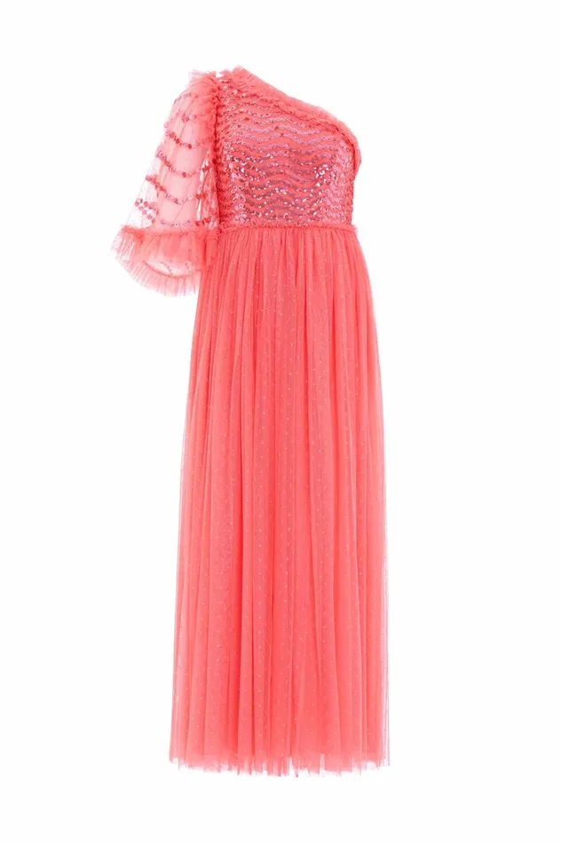 Shimmer Wave Bodice OneShoulder Ankle Gown Pink Women Needle and Thread Dresses